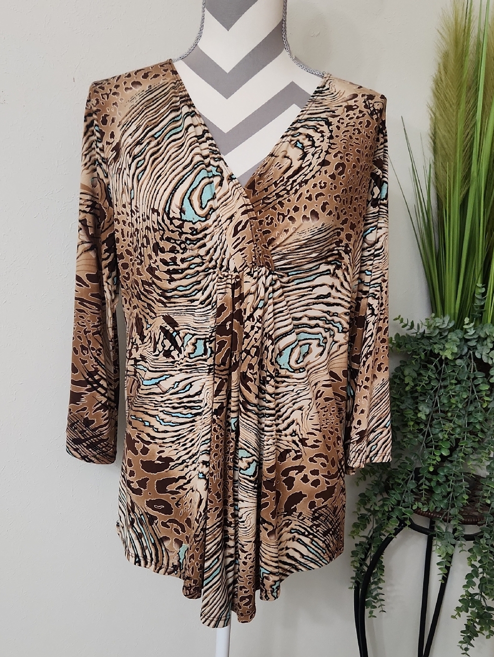 Investments Brown & Aqua Animal-Print Wrap Top
